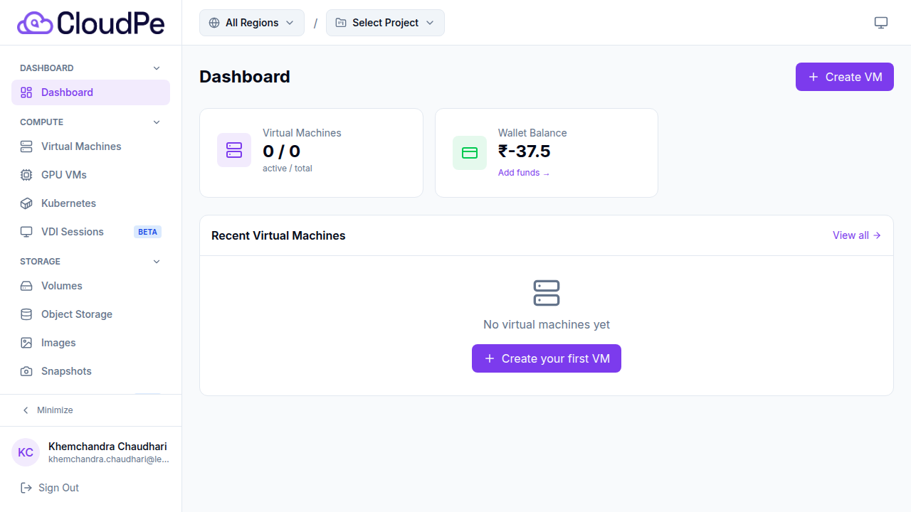CloudPe Dashboard after login — Wallet Balance, VM count, and navigation visible.