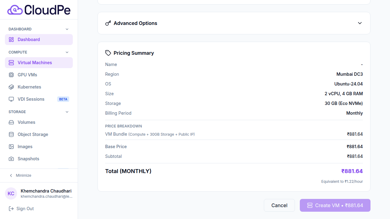 Pricing summary panel showing full configuration breakdown and the Create VM button.