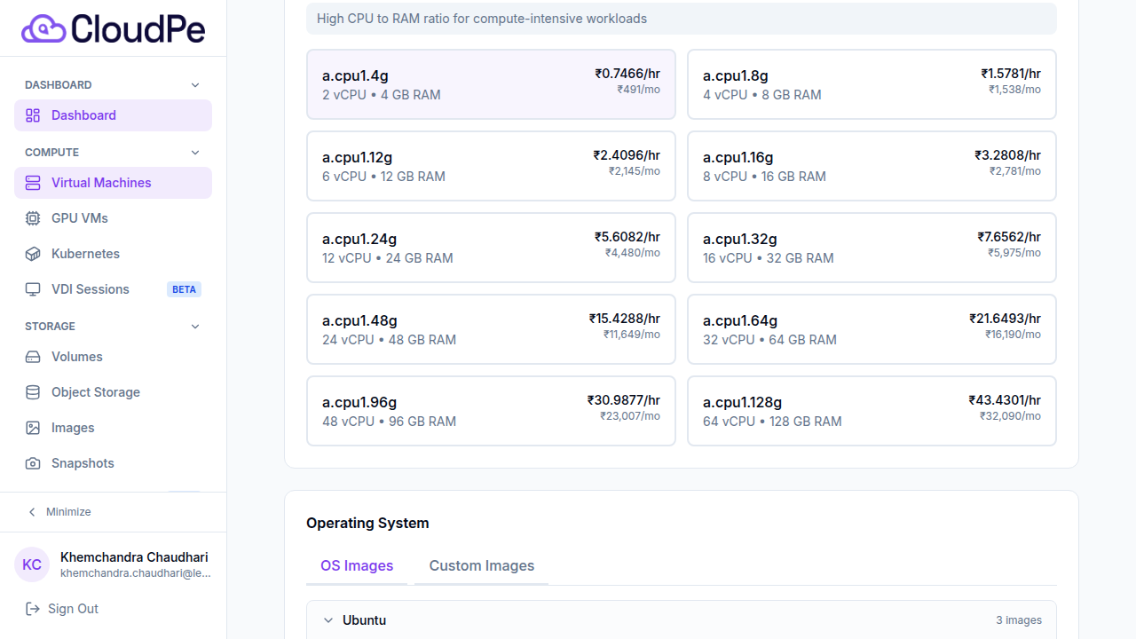 Flavor category tabs and size tiles showing vCPU, RAM, and hourly/monthly pricing.