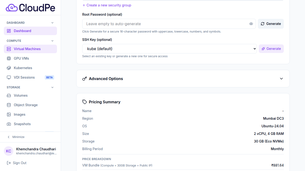 Network section: Public Network toggle (enabled), Private Network toggle with assigned CIDR.