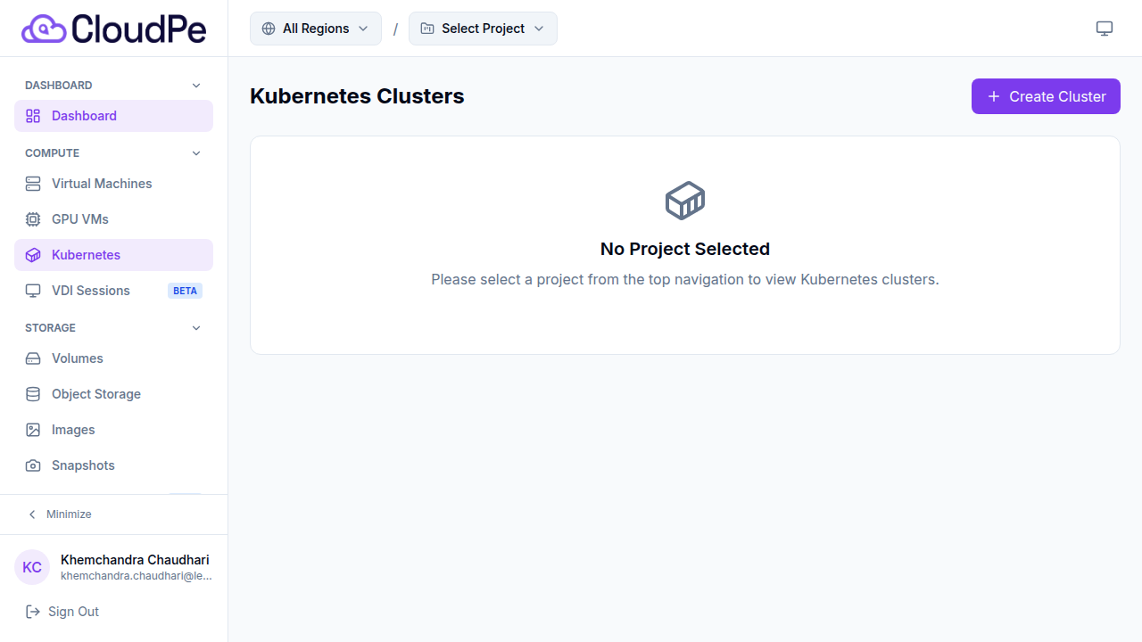 Kubernetes Clusters list page — click 