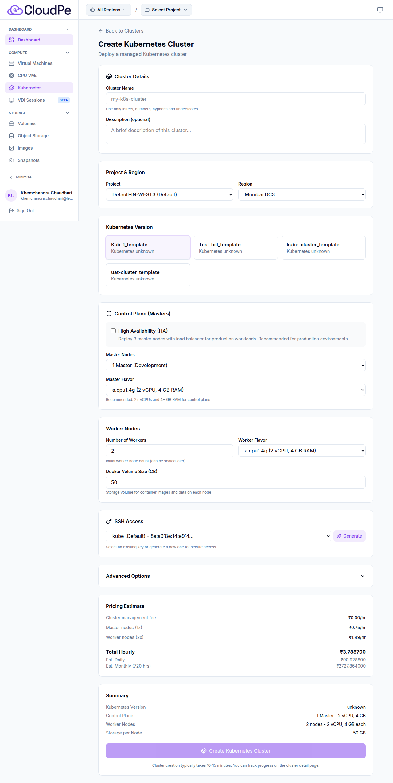Create Kubernetes Cluster — full form overview