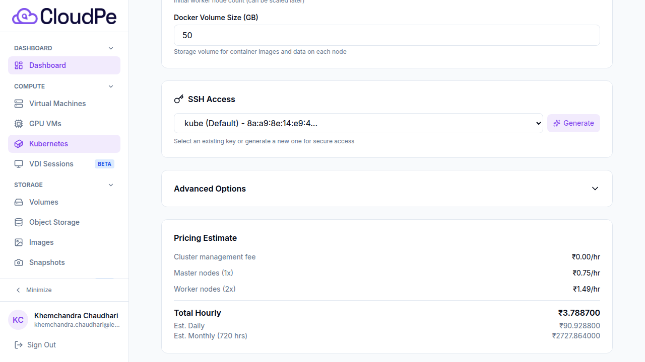 SSH Access and Advanced Options section