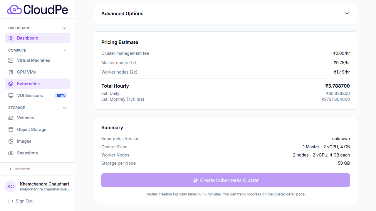 Pricing Estimate, Summary, and Create Kubernetes Cluster button
