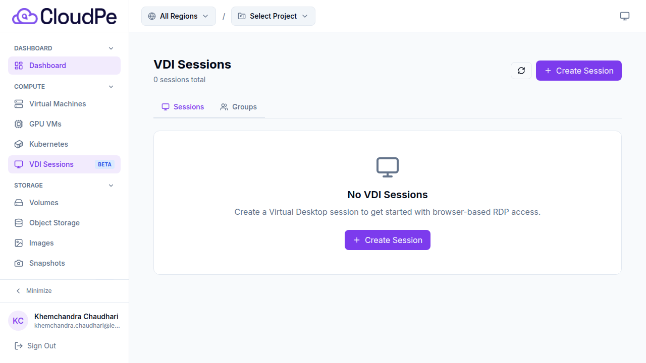VDI Sessions list page — Sessions tab showing empty state