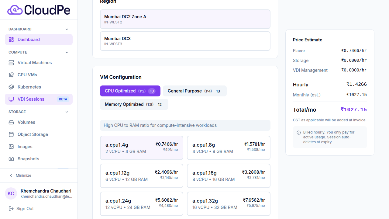 VM Configuration — flavor categories and CPU Optimized options