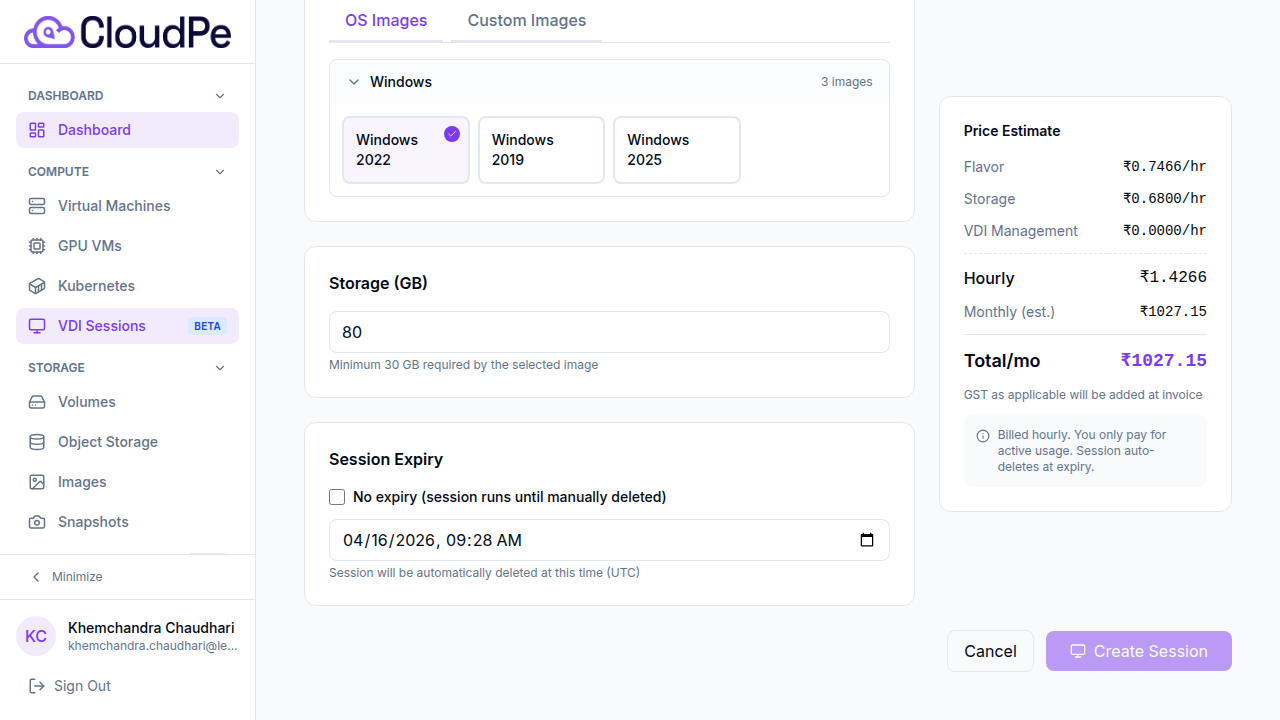 Session Expiry settings and Create Session button